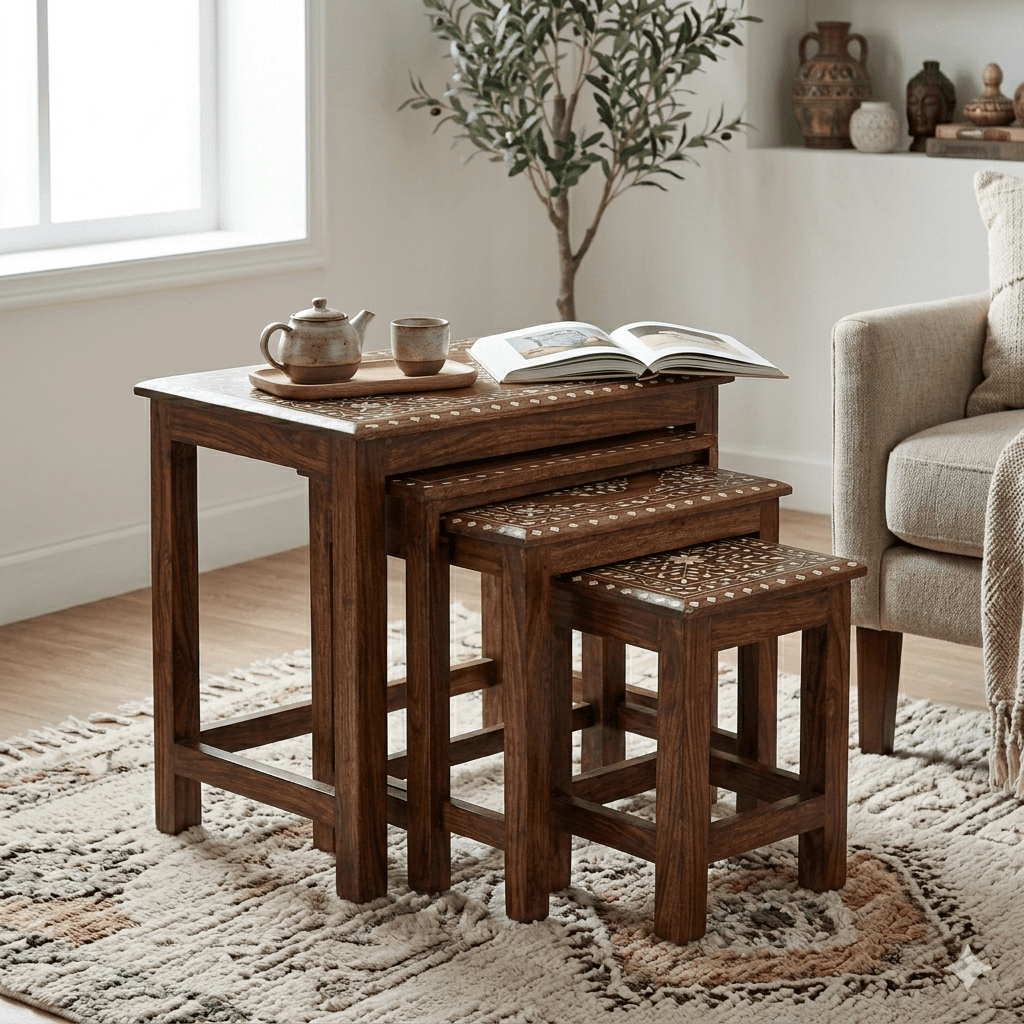 Floral Inlaid Nesting Table Set 2