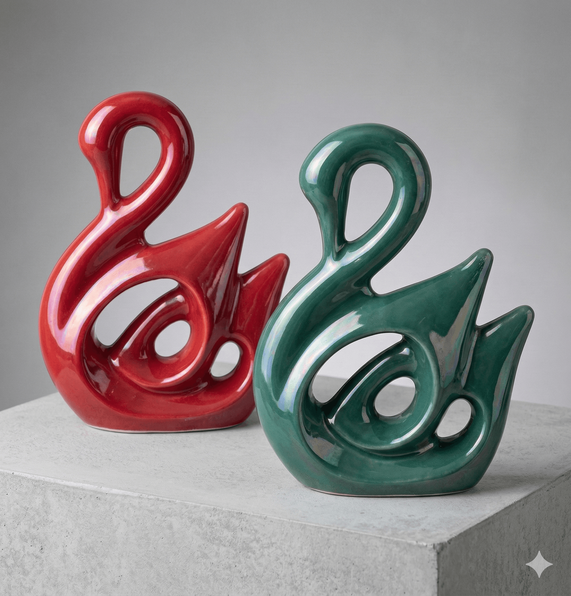 Abstract Glazed Ceramic Swan Duo (Emerald & Ruby) 1