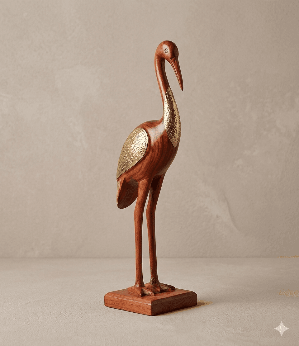 Brass-Accent Wooden Crane Figurine 1