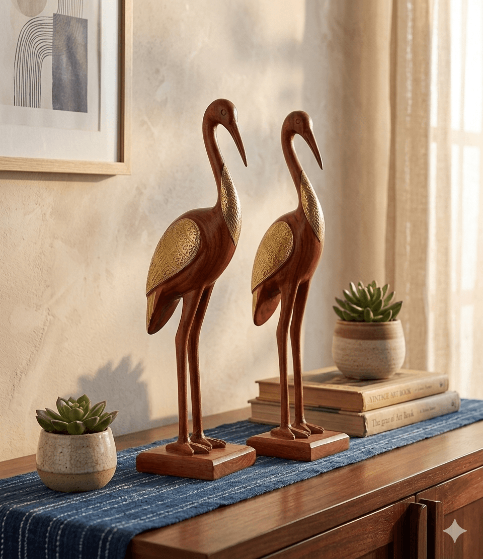 Brass-Accent Wooden Crane Figurine 2