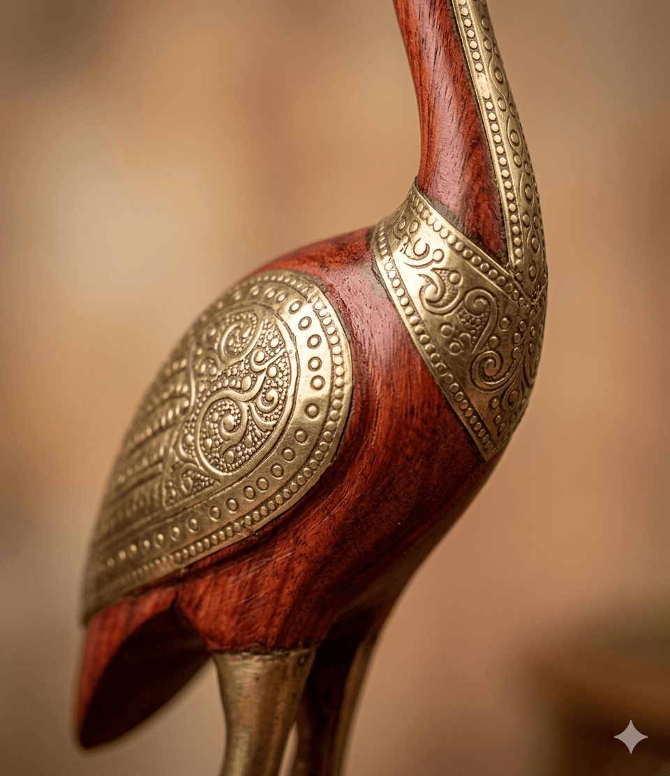 Brass-Accent Wooden Crane Figurine 3