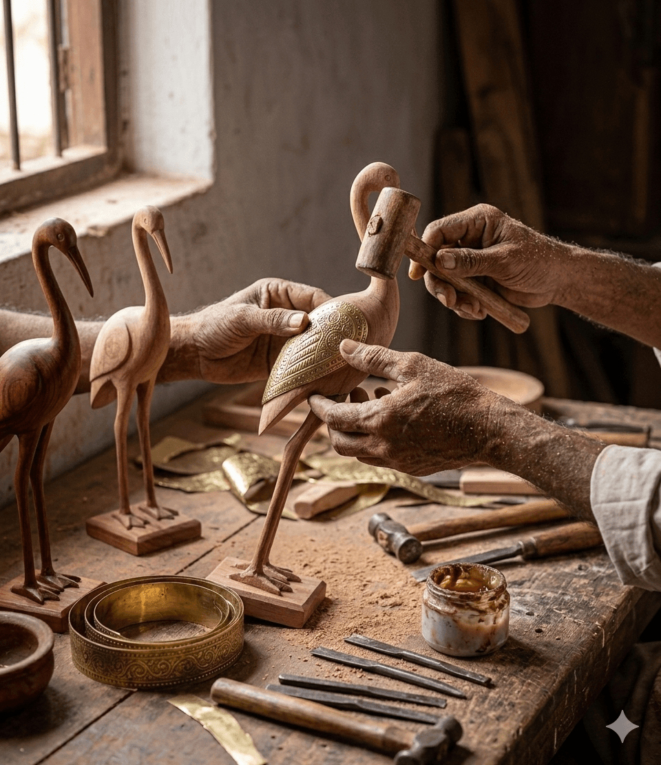 Brass-Accent Wooden Crane Figurine 4