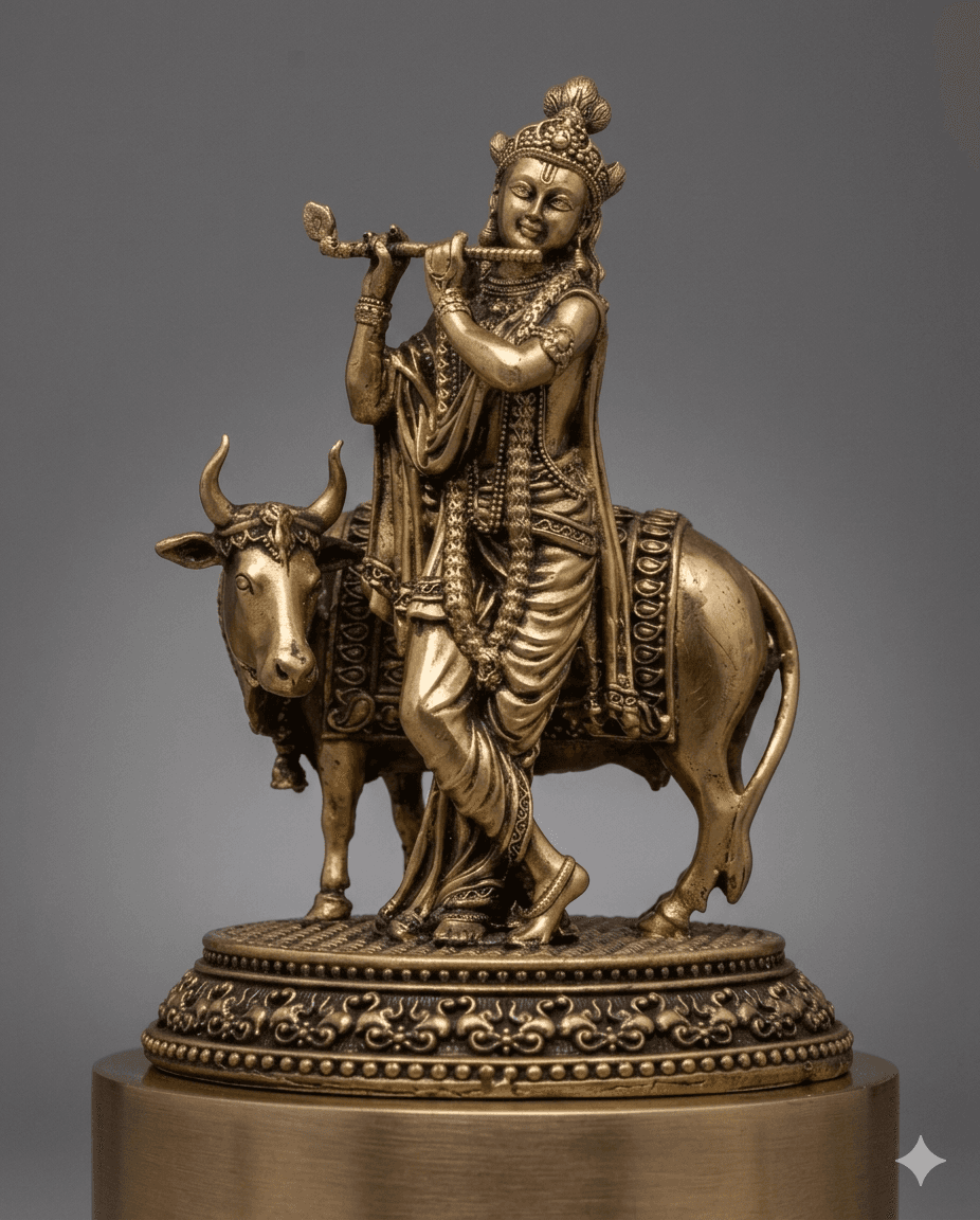 Brass Krishna with Nandi - Pastoral Scene 1