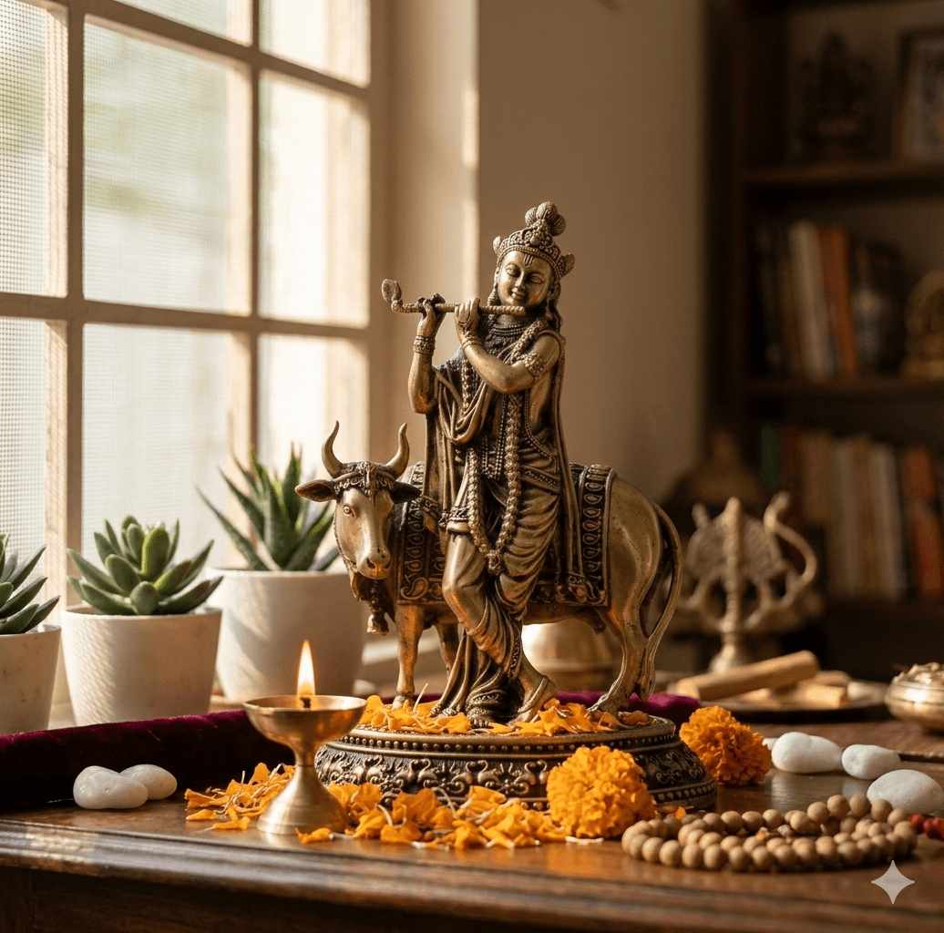 Brass Krishna with Nandi - Pastoral Scene 2