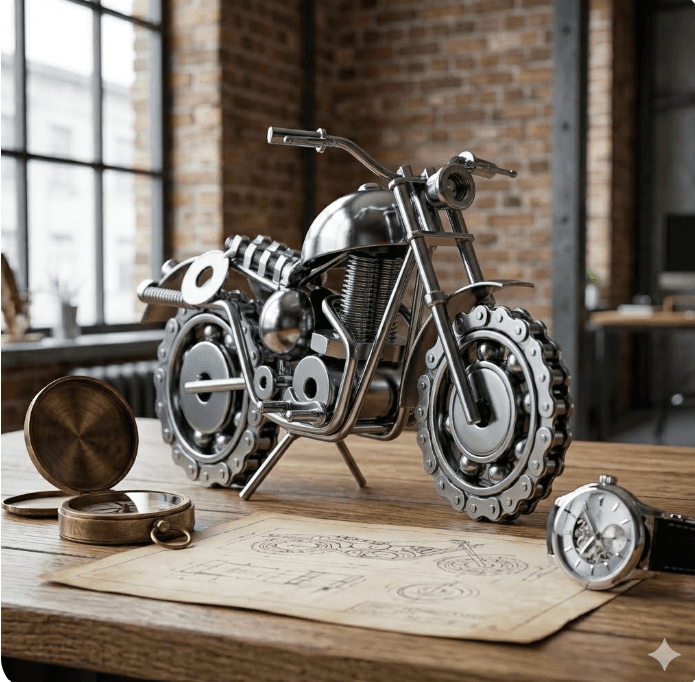 Chrome-Finish Industrial Bolt & Gear Motorcycle Sculpture 2