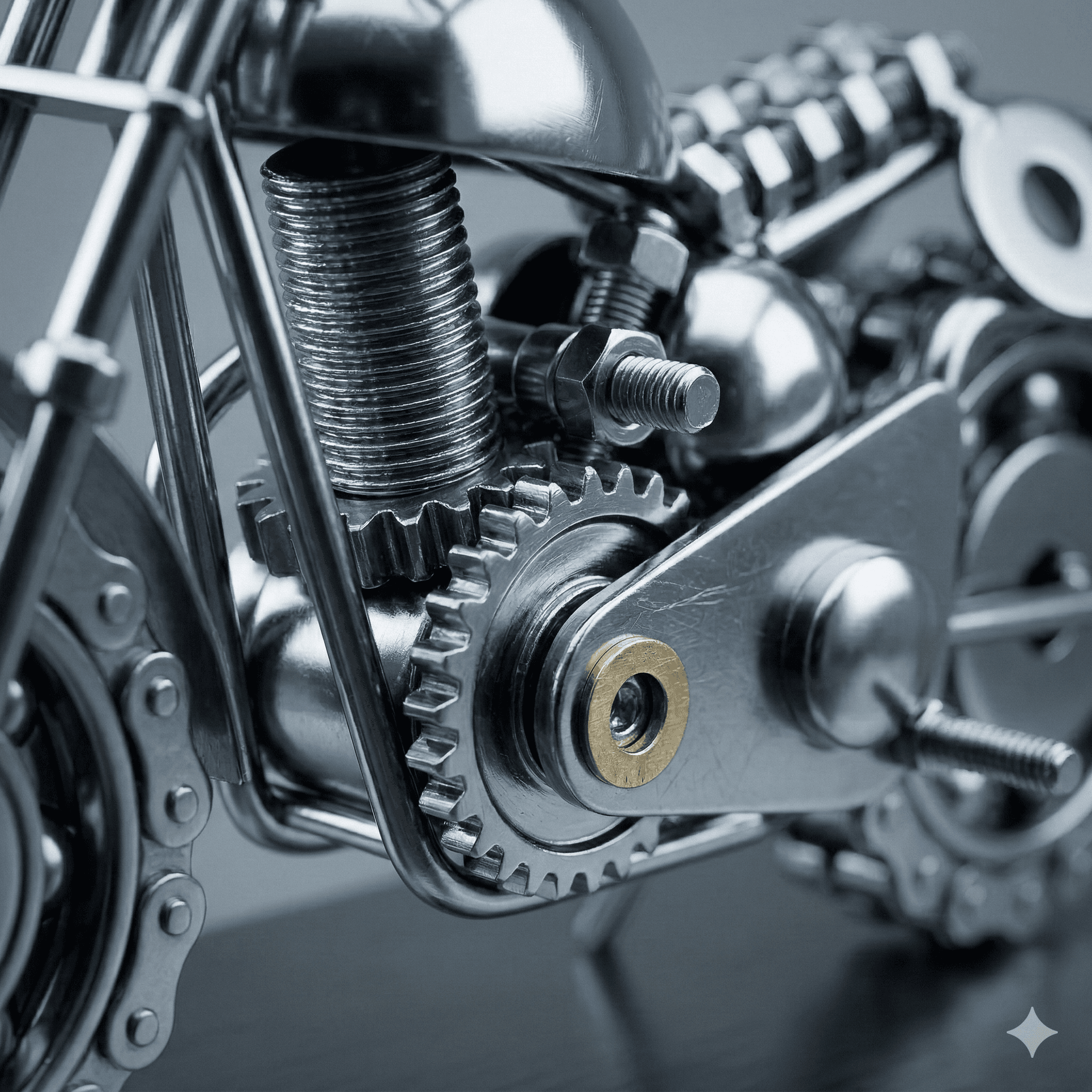Chrome-Finish Industrial Bolt & Gear Motorcycle Sculpture 3