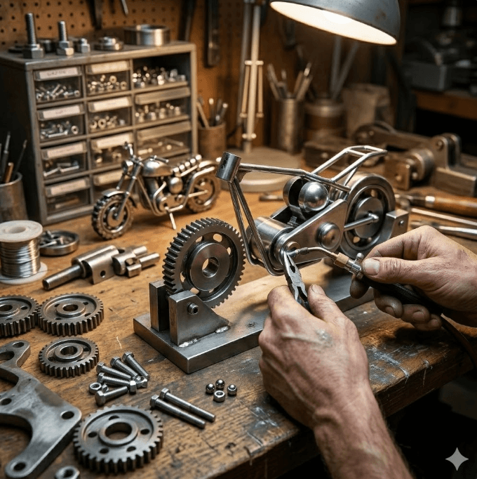 Chrome-Finish Industrial Bolt & Gear Motorcycle Sculpture 4