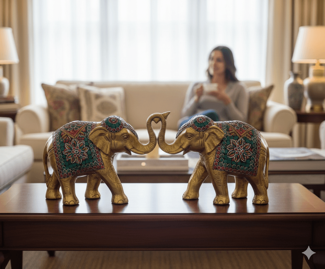 Mosaic Inlaid Brass Elephant Pair 2