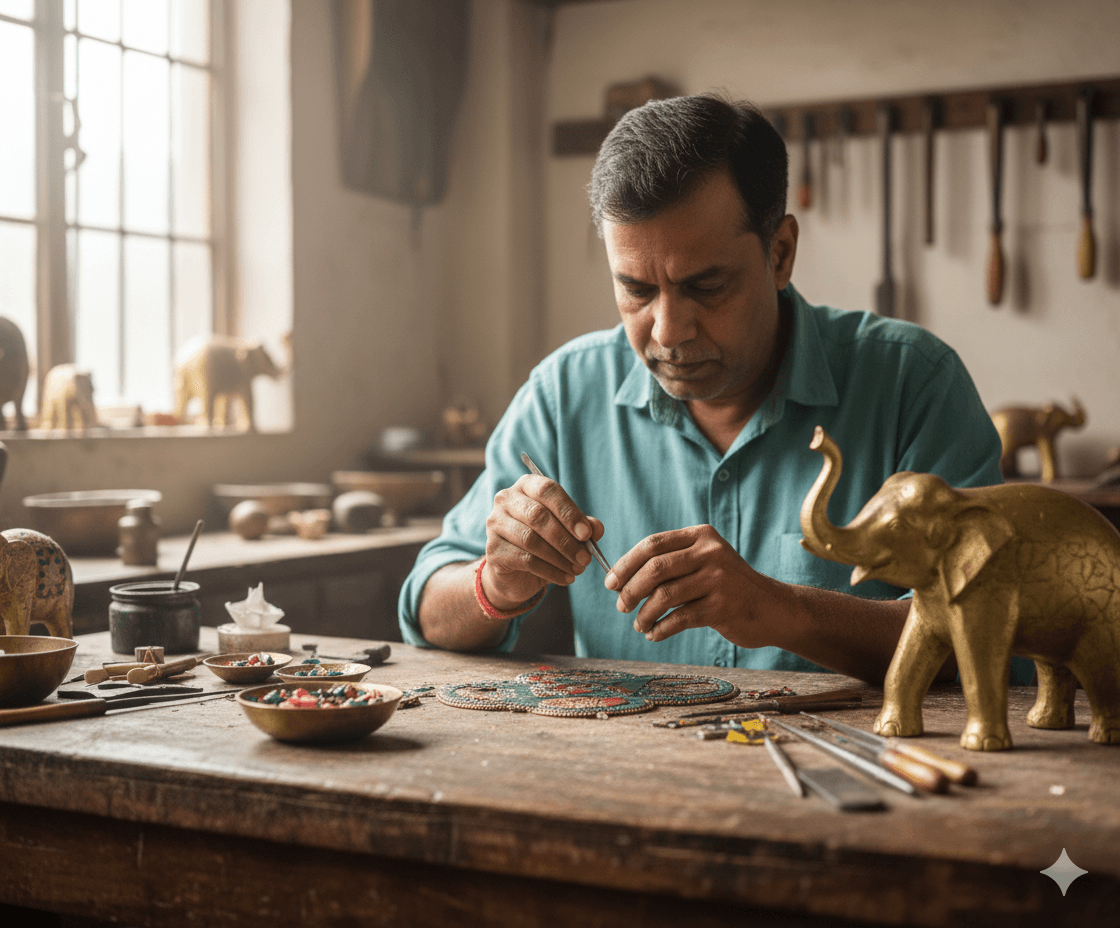 Mosaic Inlaid Brass Elephant Pair 4