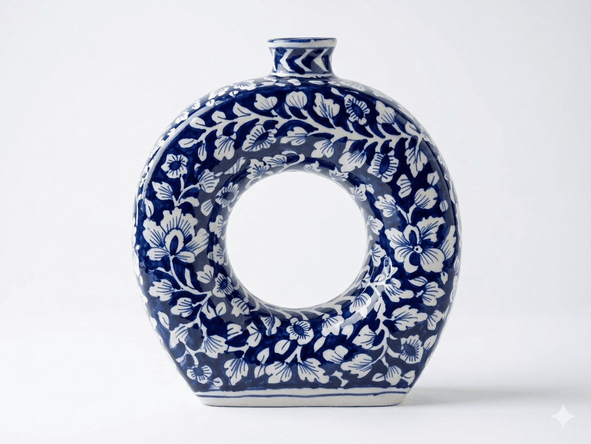Donut-Shaped Blue & White Floral Vases 1