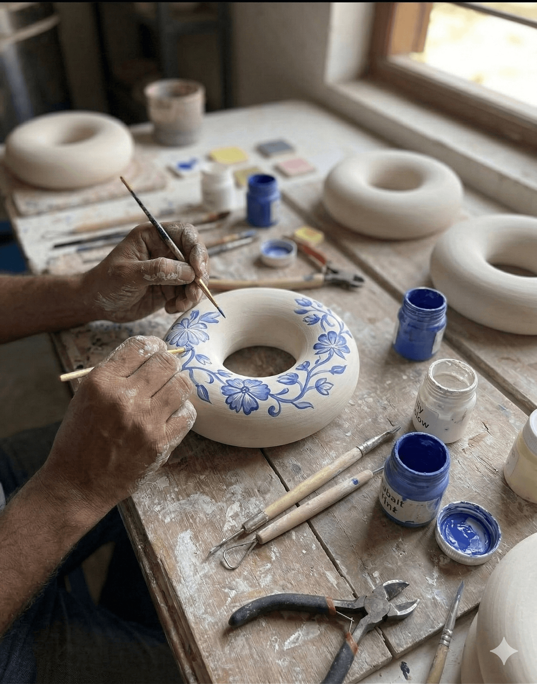 Donut-Shaped Blue & White Floral Vases 4