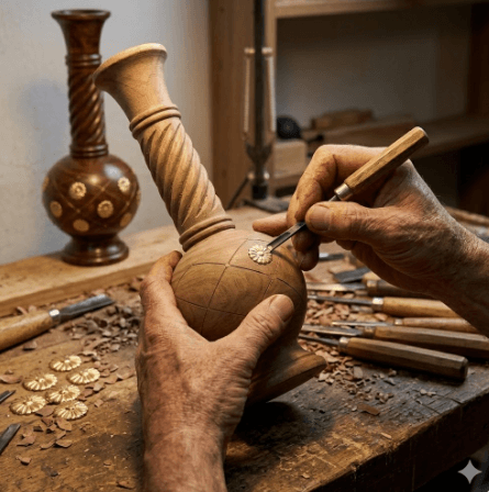 Hand-Carved Wooden Vase with Gold Inlay 4