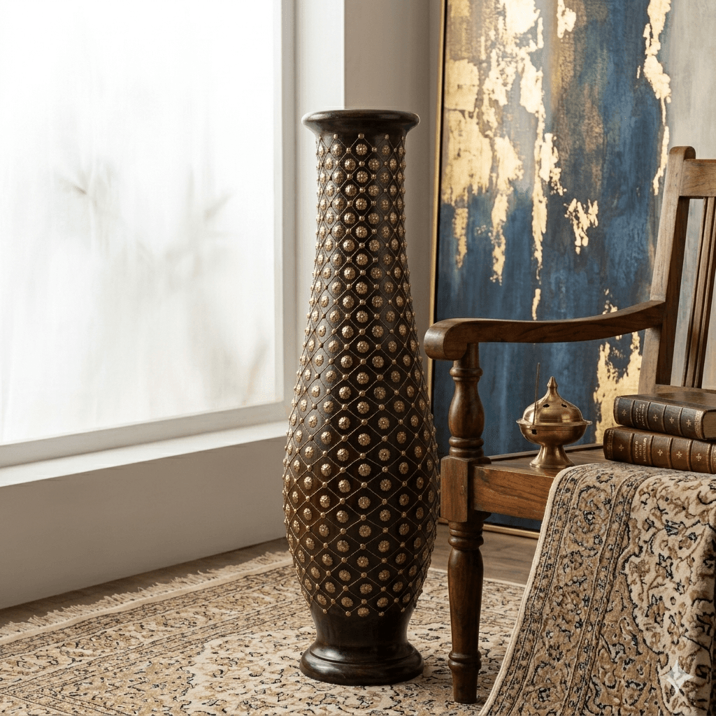 Imperial Brass-Studded Sheesham Floor Vase 2