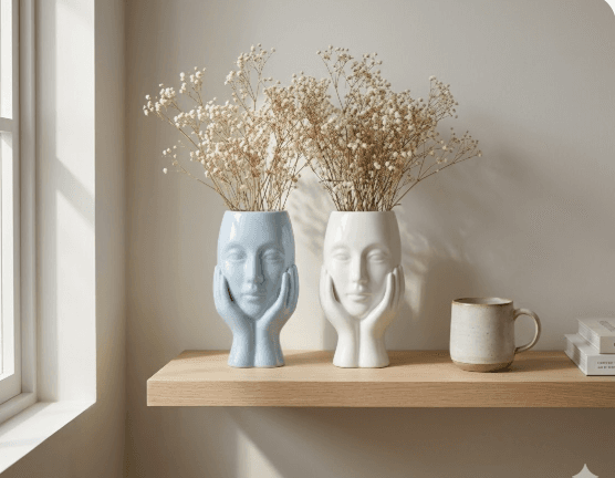 Pensive Face Modernist Vases (Pastel Blue/White) 2