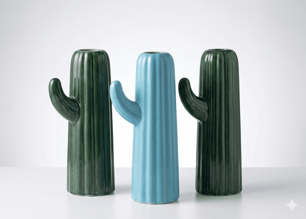 Textured Saguaro Cactus Ceramic Vase (Deep Green/Sky Blue) 1