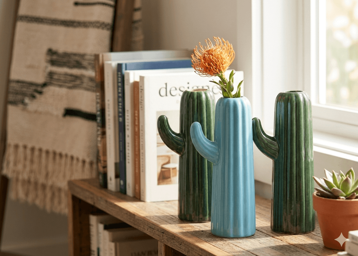 Textured Saguaro Cactus Ceramic Vase (Deep Green/Sky Blue) 2