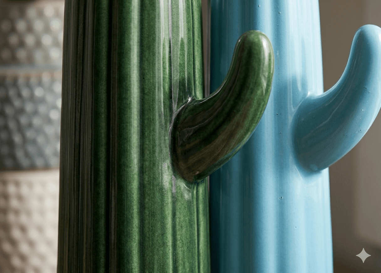 Textured Saguaro Cactus Ceramic Vase (Deep Green/Sky Blue) 3