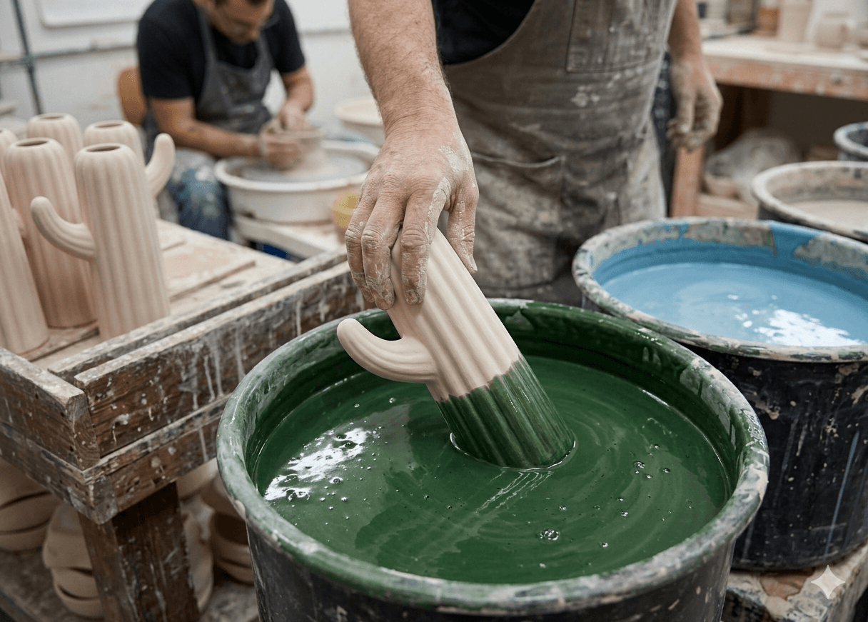 Textured Saguaro Cactus Ceramic Vase (Deep Green/Sky Blue) 4