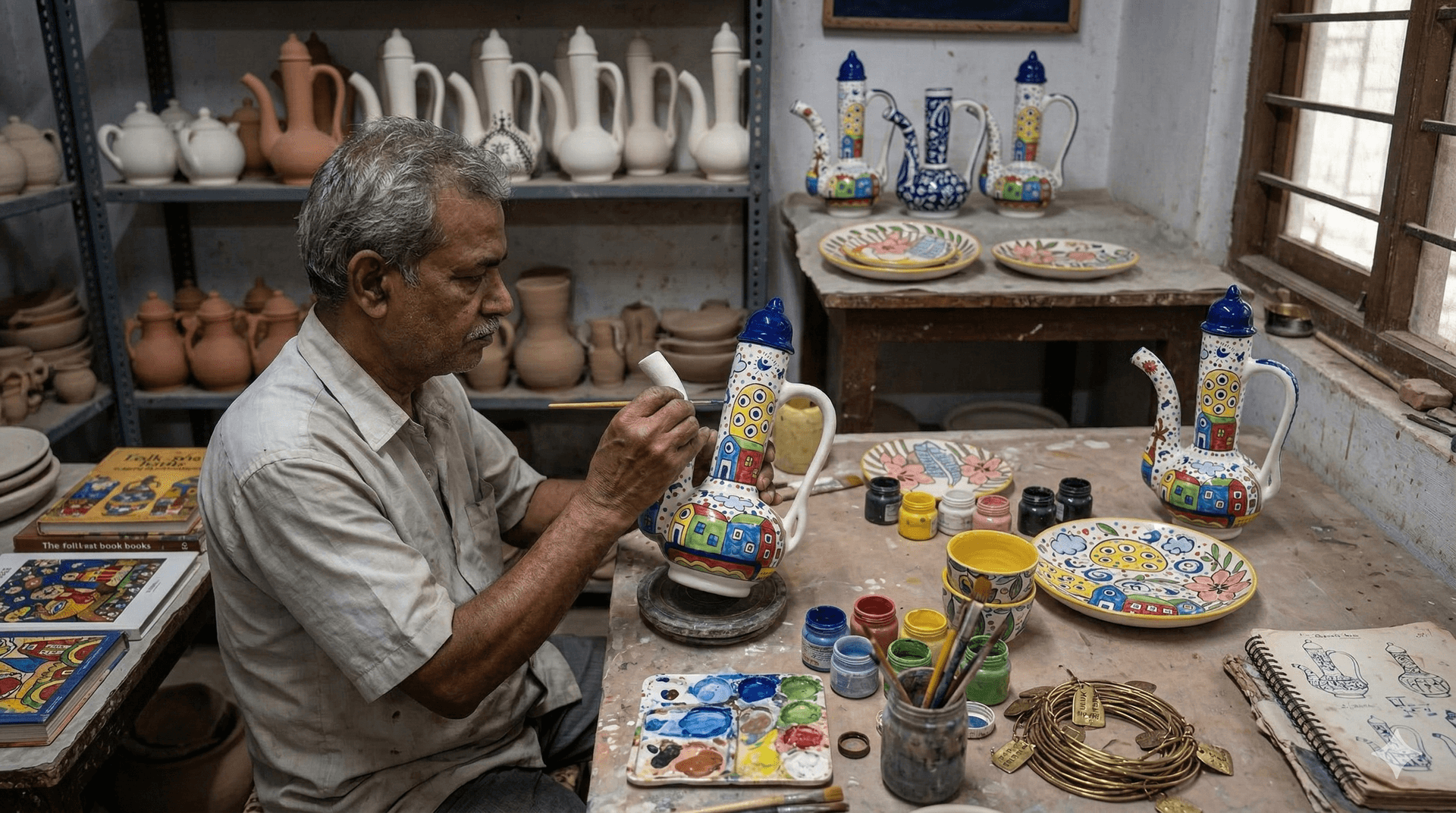 Traditional Long-Neck Surahi (Village Scenery) 4