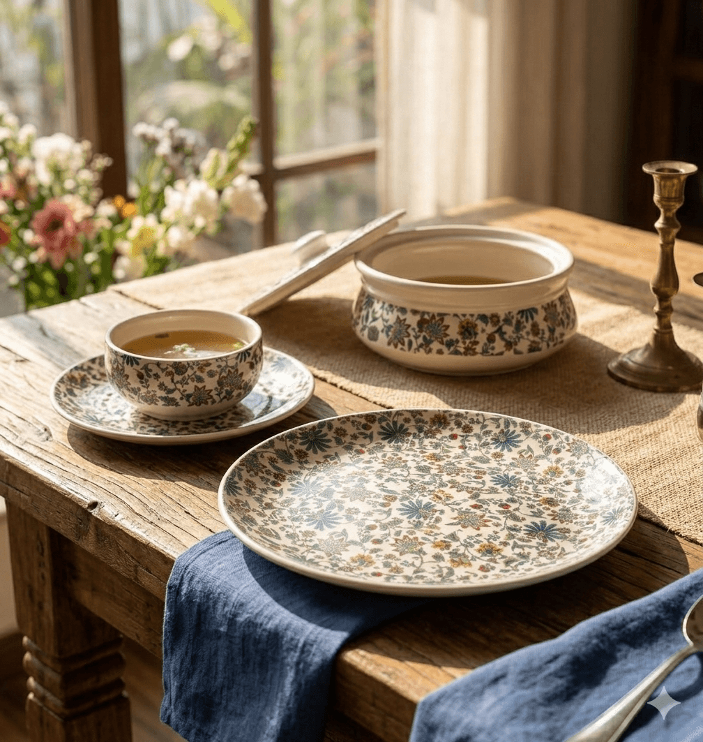 White Floral 'Jali' Print Dinner Set 2