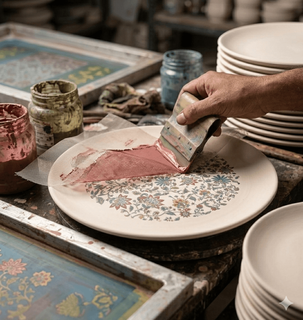 White Floral 'Jali' Print Dinner Set 4