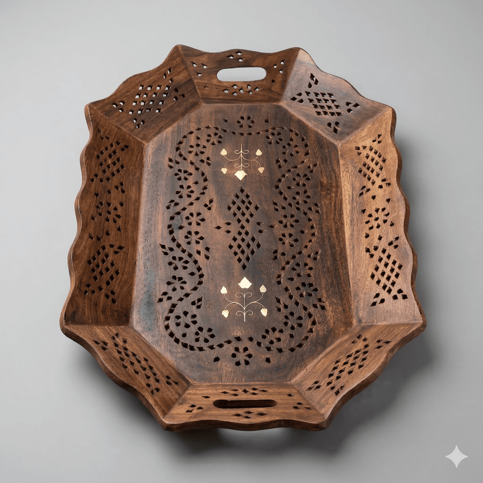 Intricate Jali-Cut Lattice Serving Tray with Brass Accents