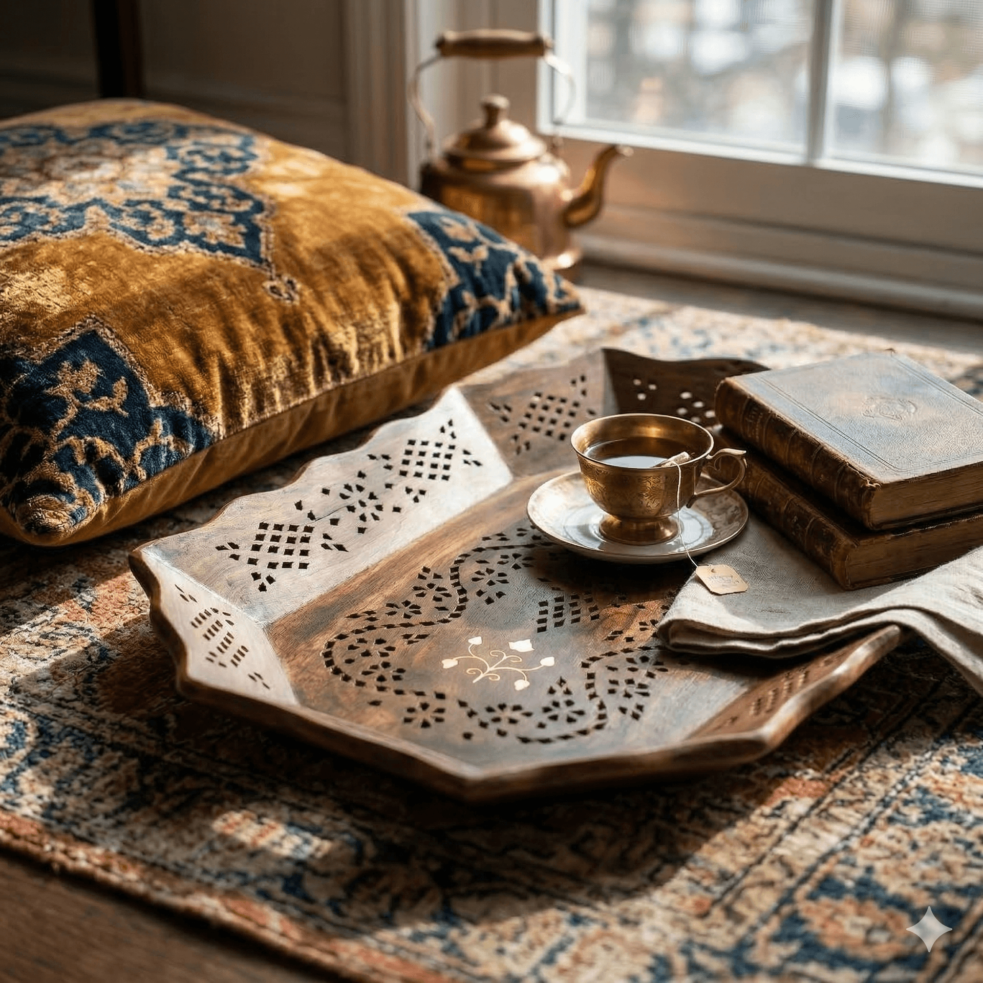 Intricate Jali-Cut Lattice Serving Tray with Brass Accents 2