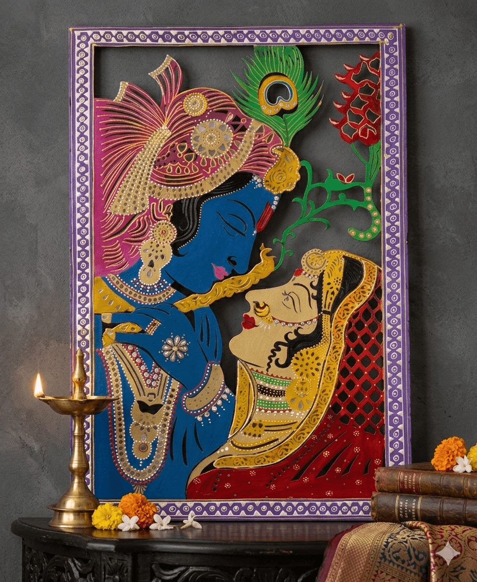 Vibrant Radha-Krishna Prem Laser-Cut Wall Panel 2