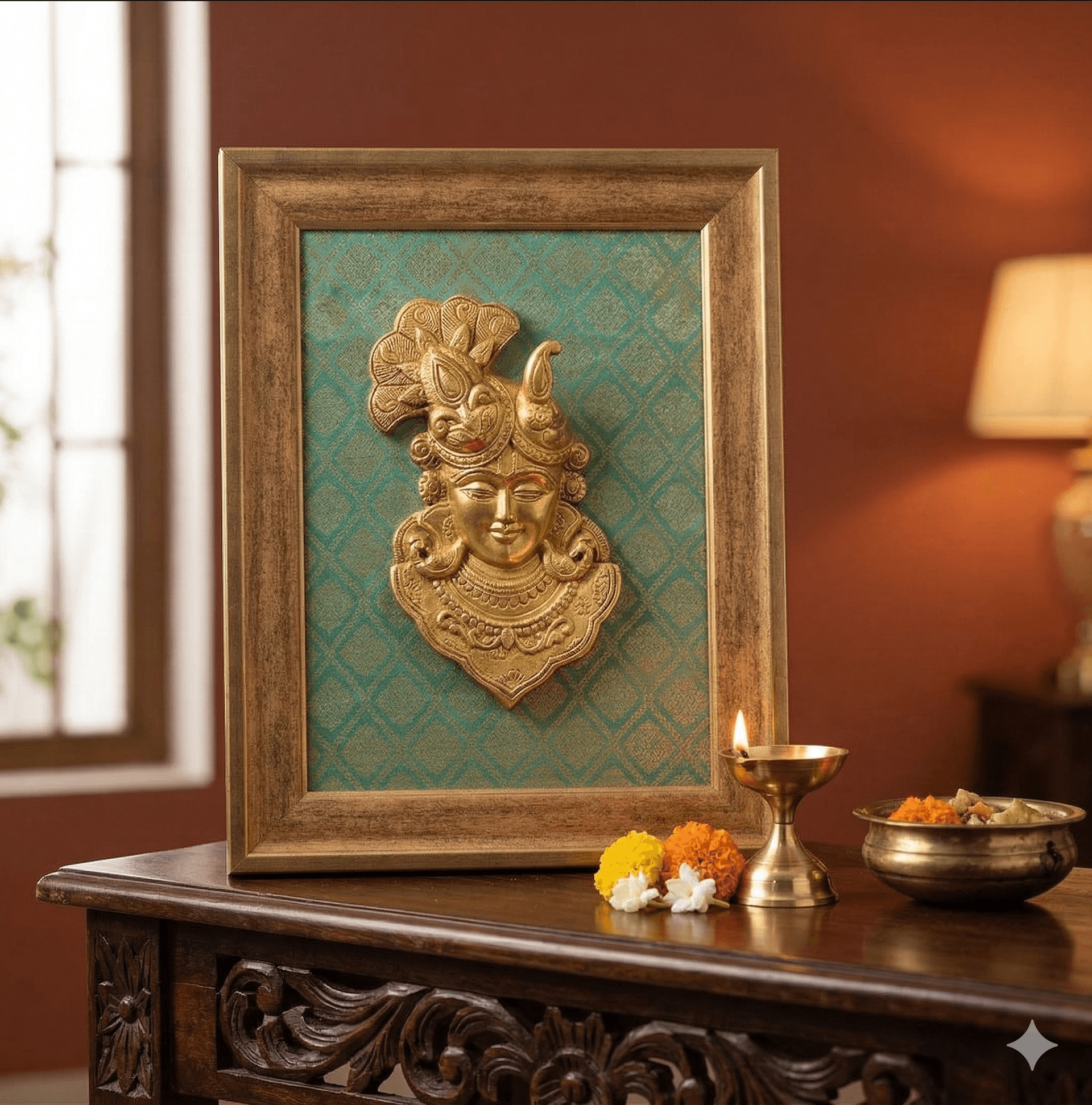 Gilded Shrinathji Face - Brocade Mount 2